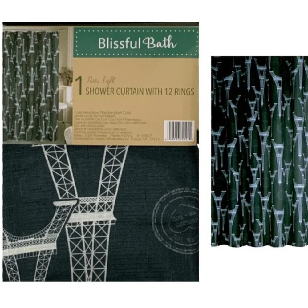 Blissful Bath Paris Shower Curtain Fabric Paris Eiffel Tower Hooks Black White